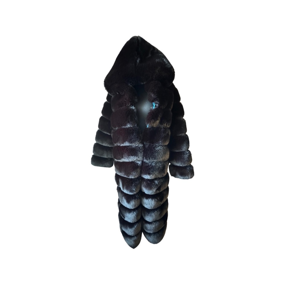 FAUX FUR PANEL HOODED TRENCH IN BLACK LARGE 10-12